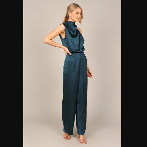 πPRICE DROPπ Petal & Pup Savannah Peacock Teal Satin One Shoulder Jumpsuit XL π¦ - Picture 7 of 12